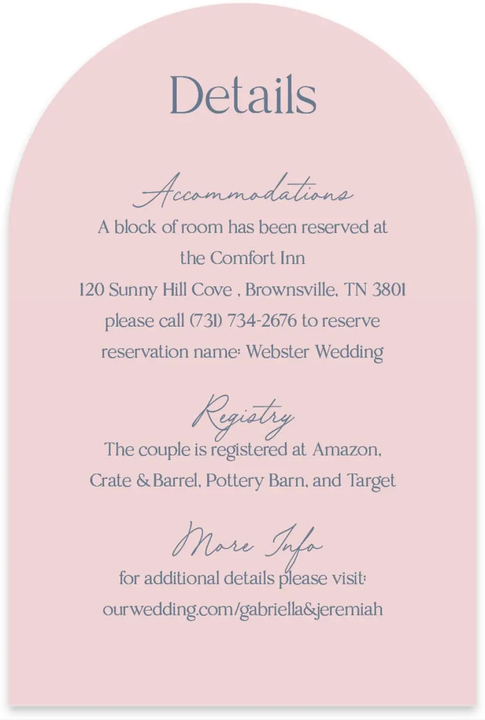 This is a 4" x 6" Wedding Invitation Enclosure Card called The Gabriella printed in full color on Luxe Satin paper