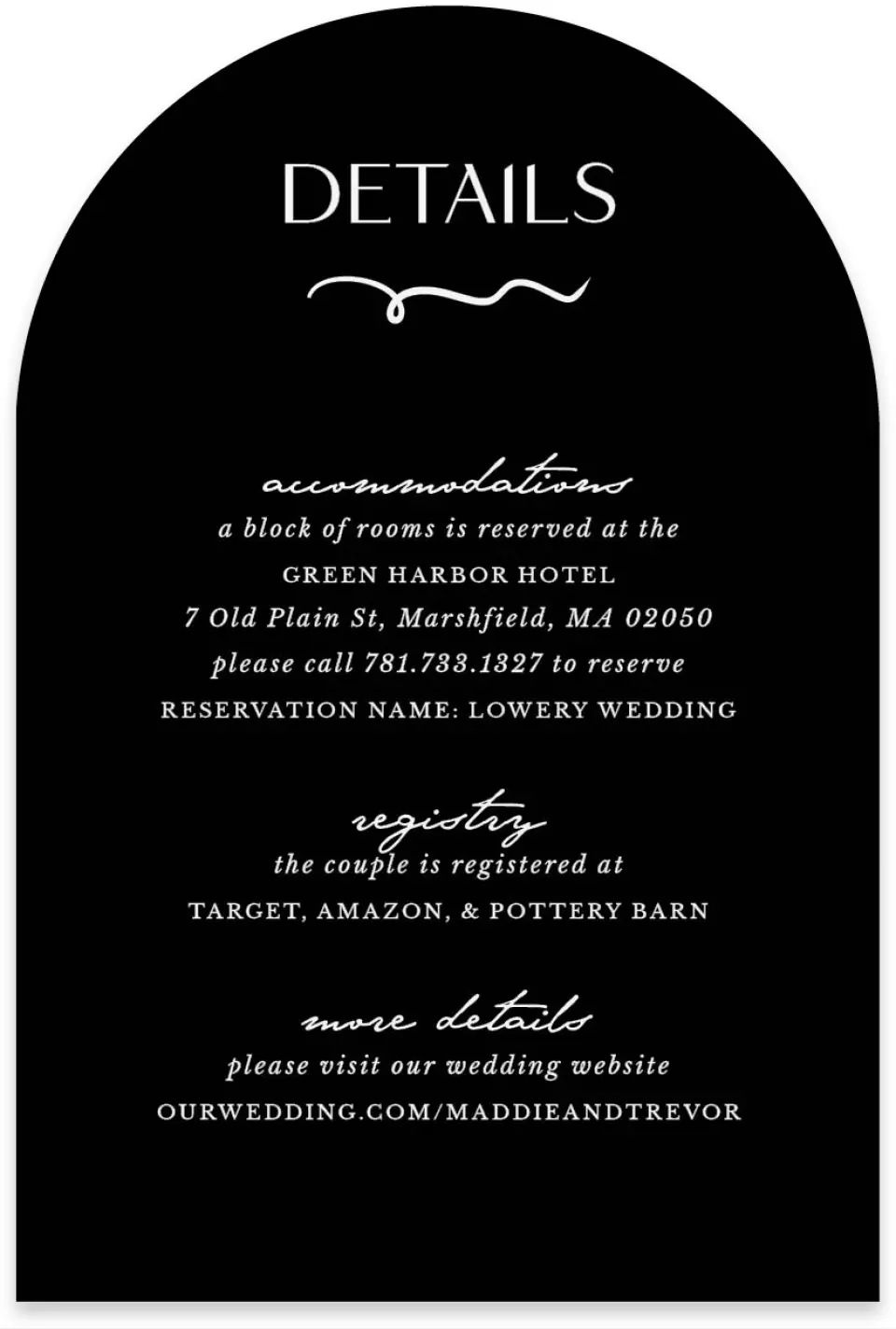 This is a 4" x 6" Wedding Invitation Enclosure Card called The Madison printed in full color on Luxe Satin paper