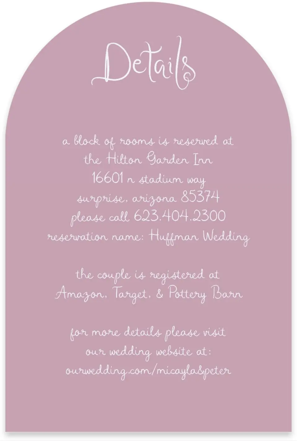 This is a 4" x 6" Wedding Invitation Enclosure Card called The Micayla printed in full color on Luxe Satin paper