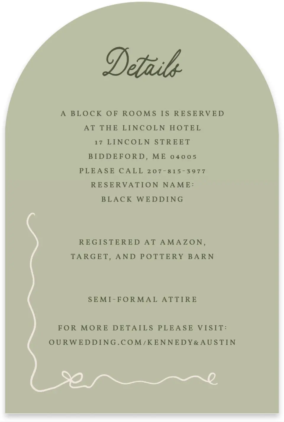 This is a 4" x 6" Wedding Invitation Enclosure Card called The Kennedy printed in full color on Luxe Satin paper