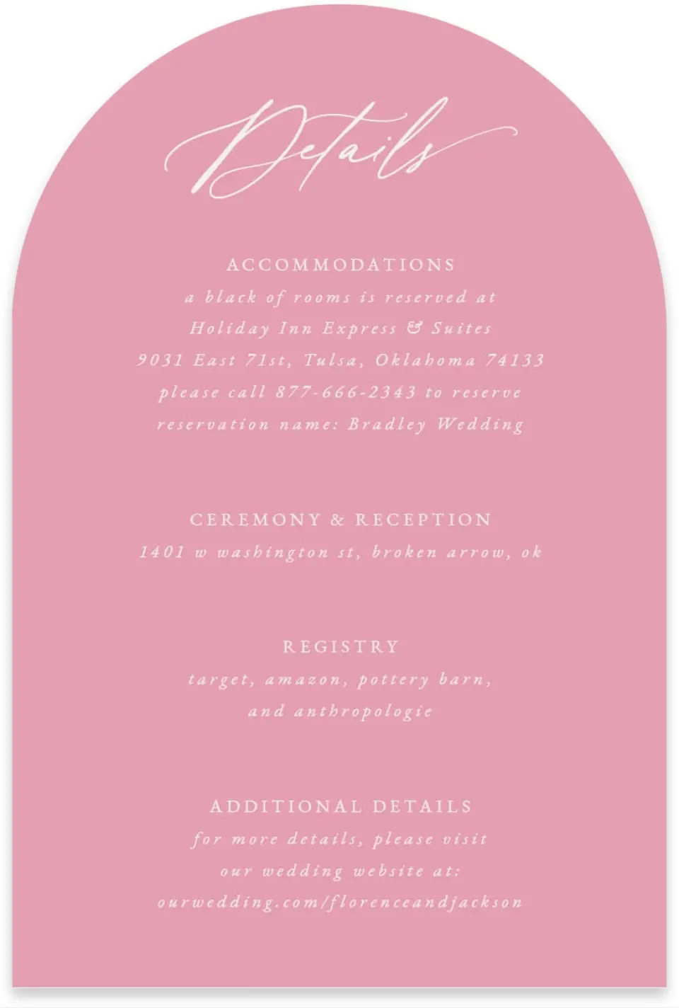This is a 4" x 6" Wedding Invitation Enclosure Card called The Florence printed in full color on Luxe Satin paper
