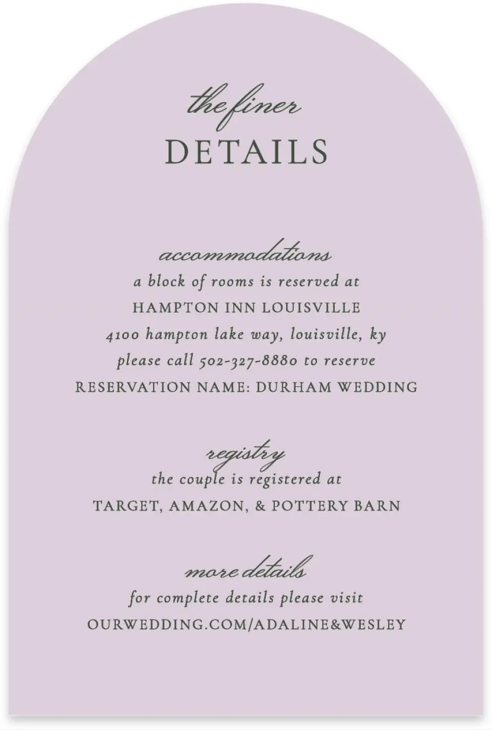 This is a 4" x 6" Wedding Invitation Enclosure Card called The Adaline printed in full color on Luxe Satin paper