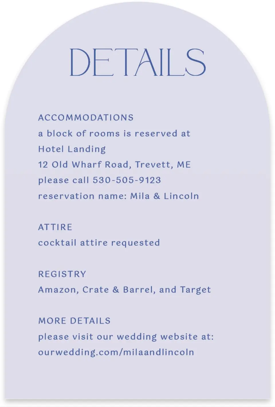This is a 4" x 6" Wedding Invitation Enclosure Card called The Mila printed in full color on Luxe Satin paper