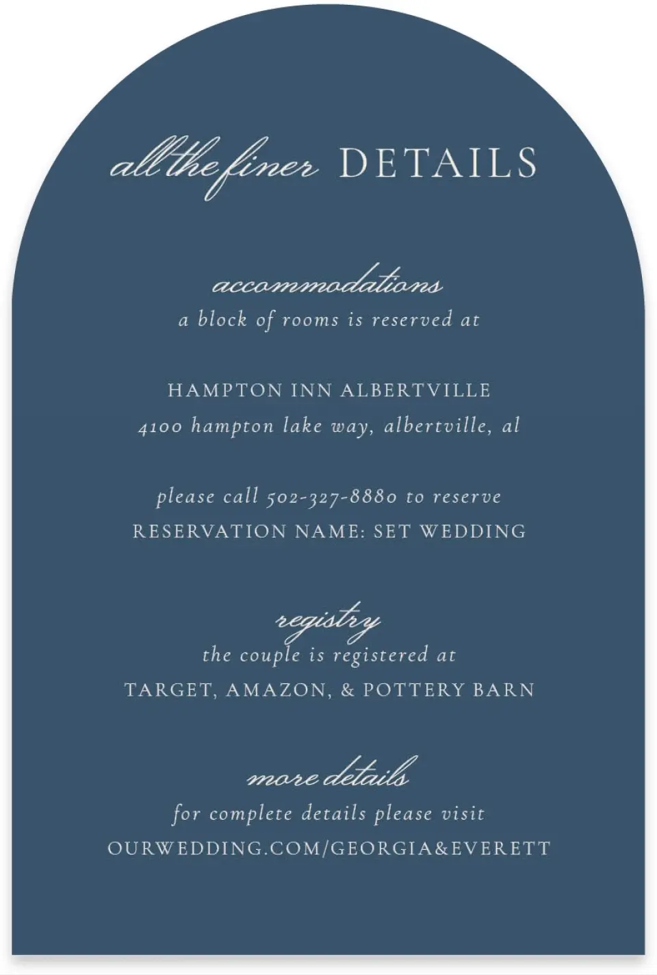 This is a 4" x 6" Wedding Invitation Enclosure Card called The Georgia printed in full color on Luxe Satin paper