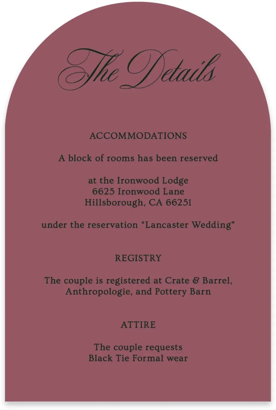 This is a 4" x 6" Wedding Invitation Enclosure Card called Hillsborough printed in full color on Luxe Satin paper