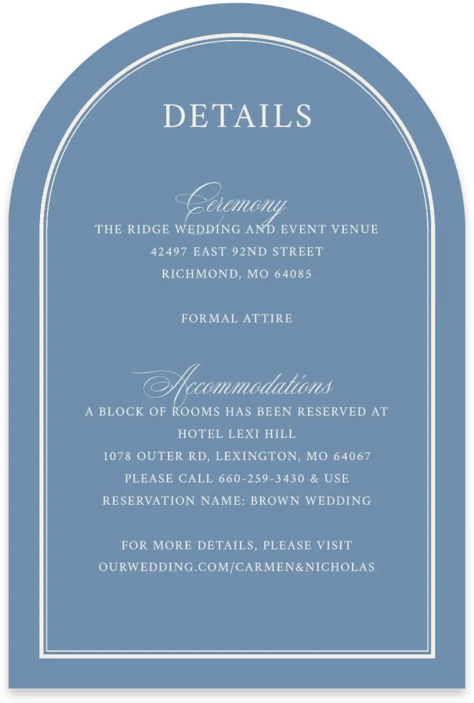 This is a 4" x 6" Wedding Invitation Enclosure Card called Vintage Reverie printed in full color on Luxe Satin paper