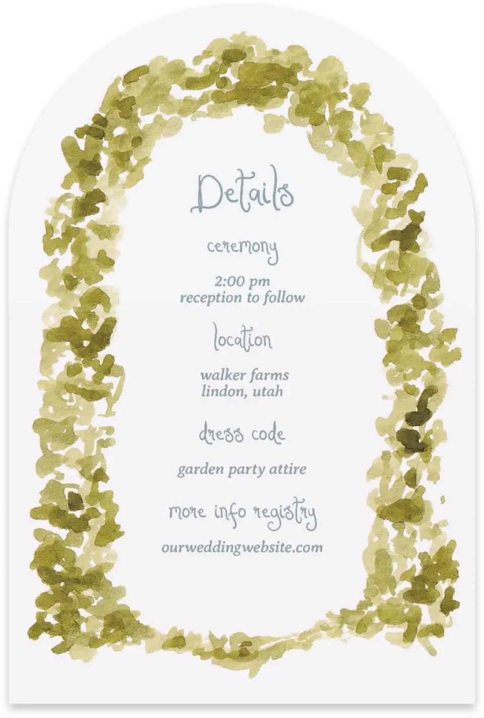 This is a 4" x 6" Wedding Invitation Enclosure Card called Soft Meadows printed in full color on Luxe Satin paper