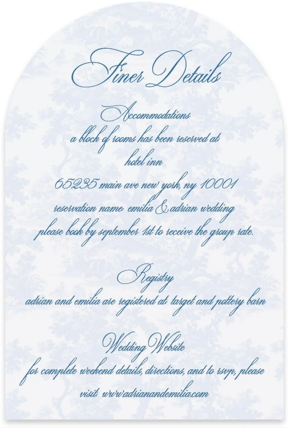 This is a 4" x 6" Wedding Invitation Enclosure Card called Blue Toile Romance printed in full color with Silver foil on Luxe Satin paper