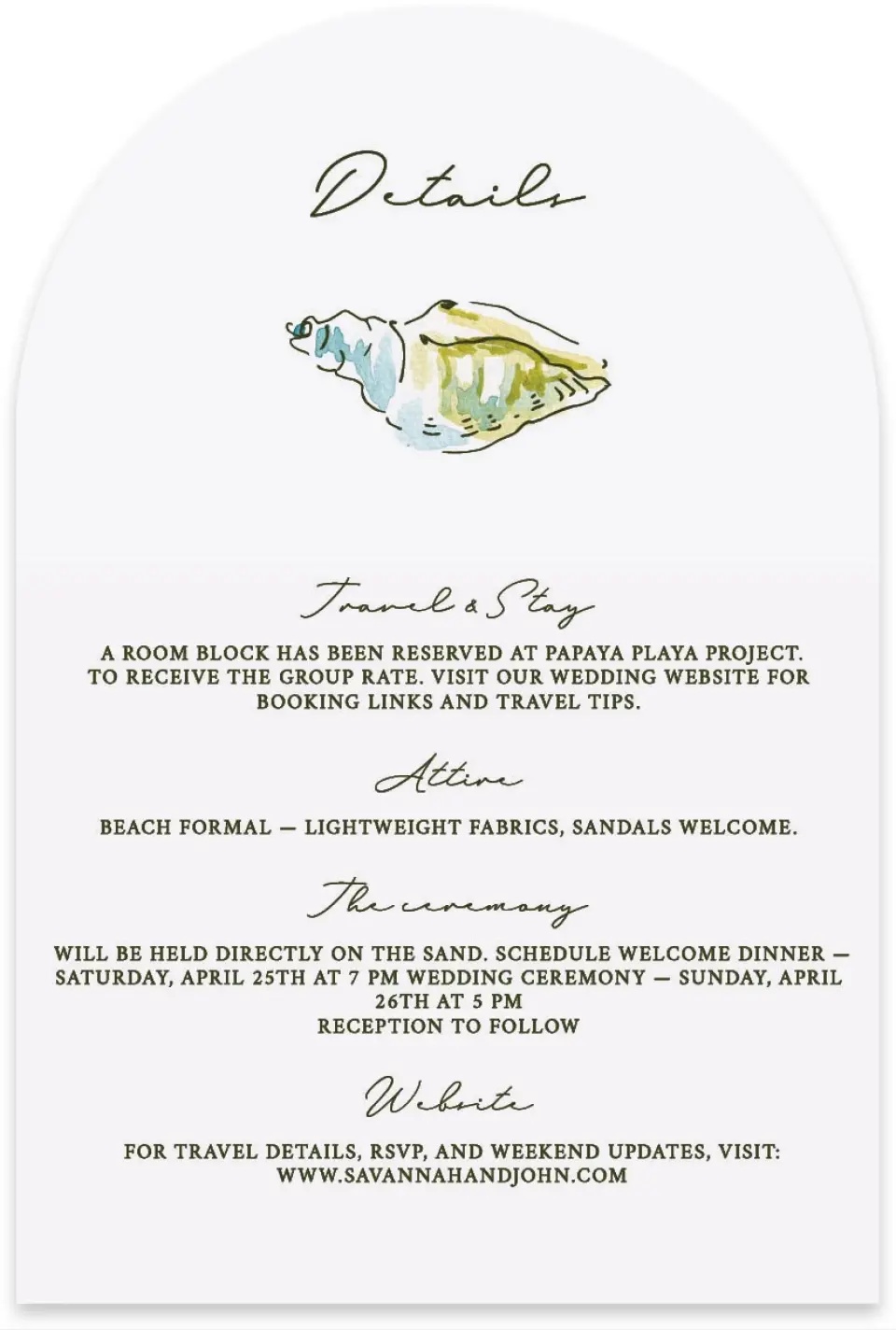 This is a 4" x 6" Wedding Invitation Enclosure Card called Whimsical Shells printed in full color on Luxe Satin paper