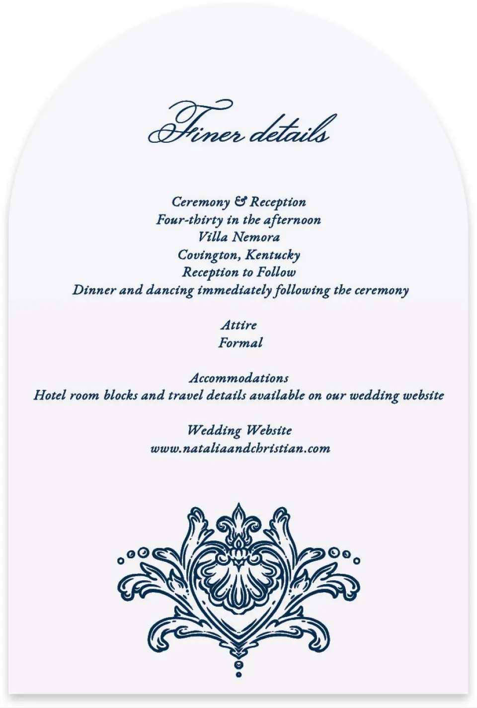 This is a 4" x 6" Wedding Invitation Enclosure Card called Heirloom Crest printed in full color with Silver foil on Luxe Satin paper