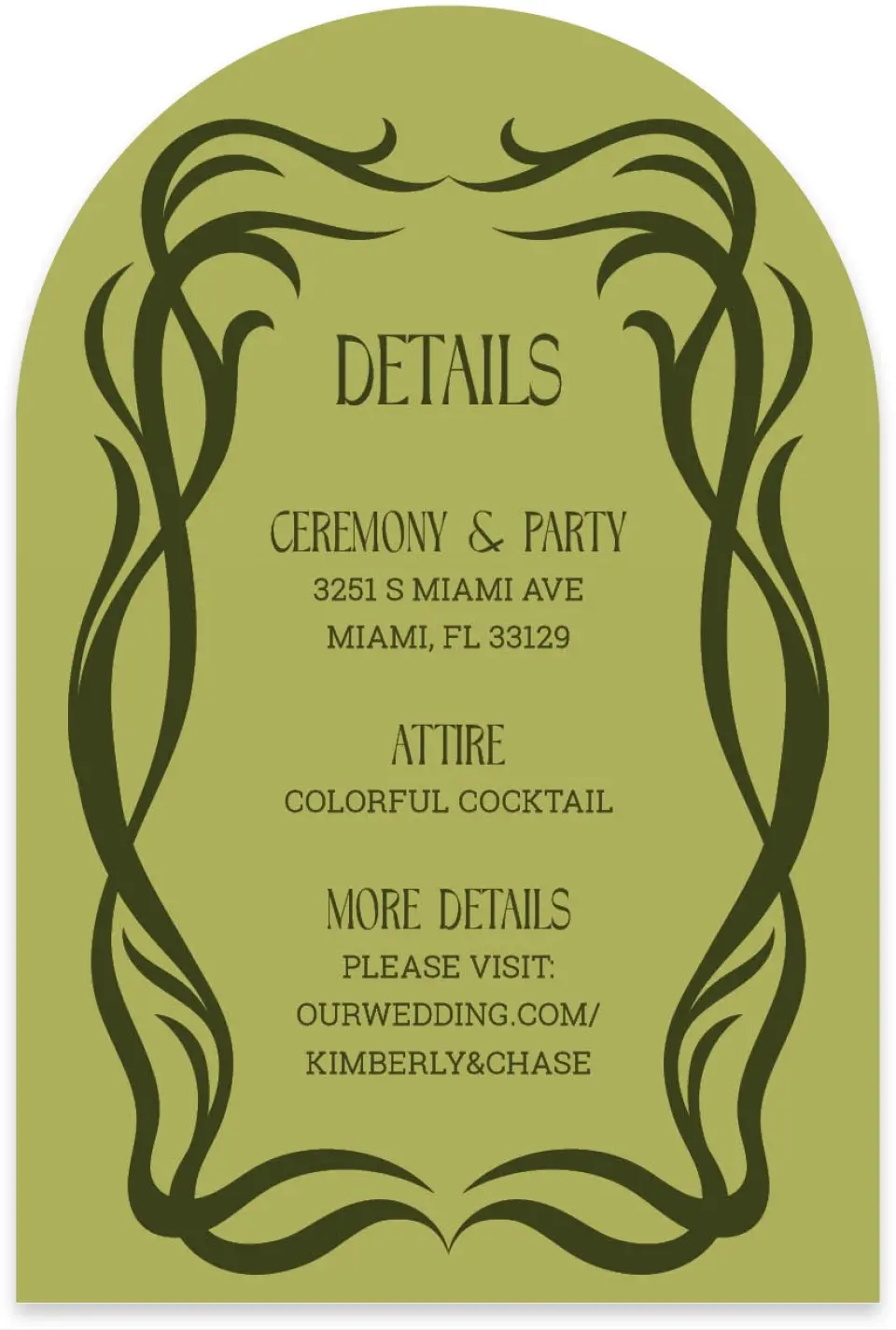 This is a 4" x 6" Wedding Invitation Enclosure Card called Nouveau Romance printed in full color with Gold foil on Luxe Satin paper