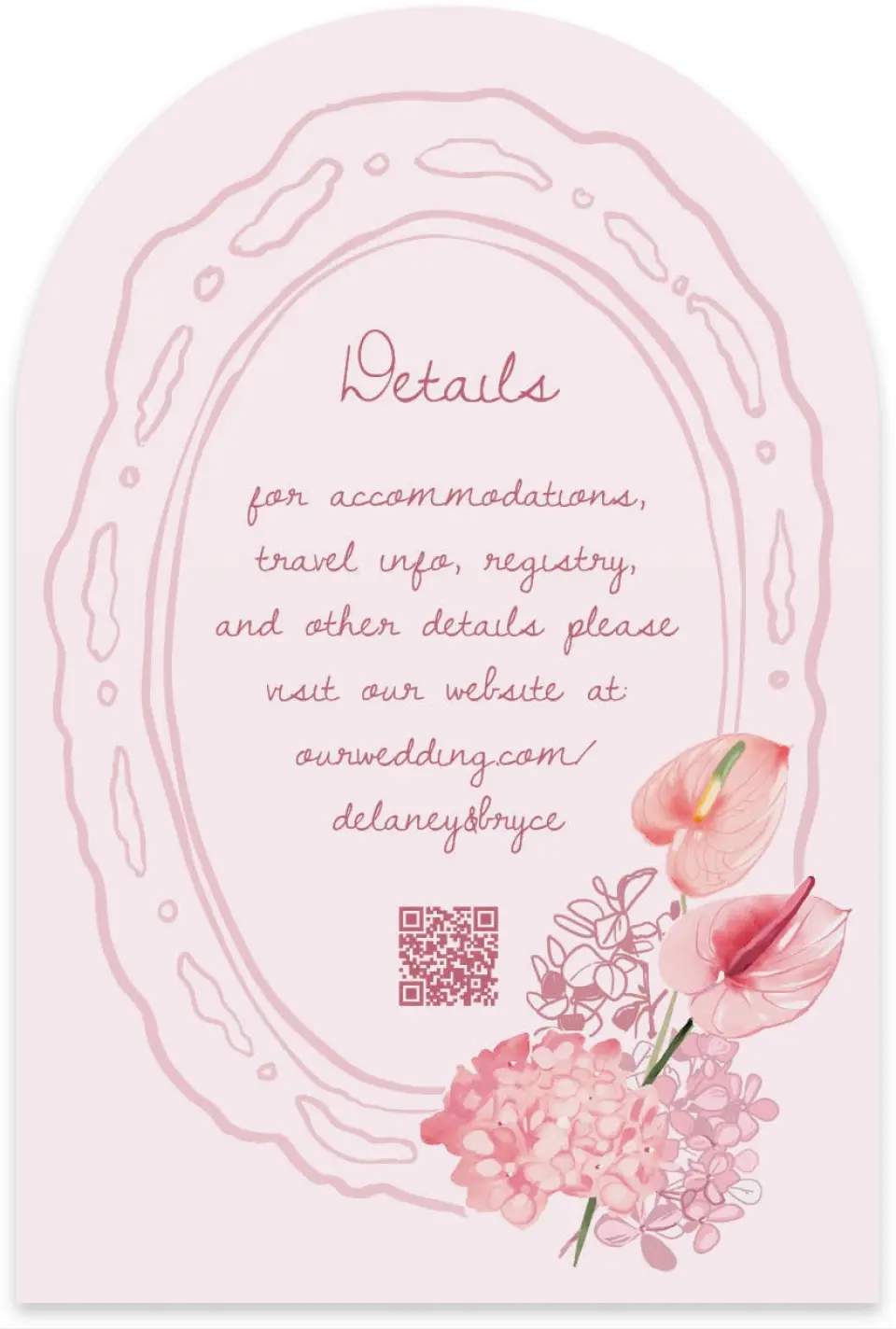 This is a 4" x 6" Wedding Invitation Enclosure Card called Blushing Whimsy printed in full color with Gold foil on Luxe Satin paper