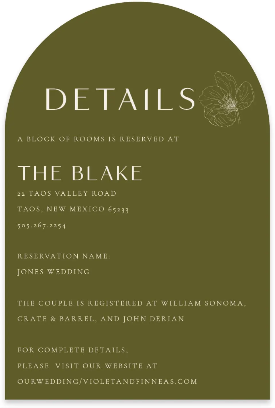 This is a 4" x 6" Wedding Invitation Enclosure Card called Delicate Love printed in full color with Gold foil on Luxe Satin paper