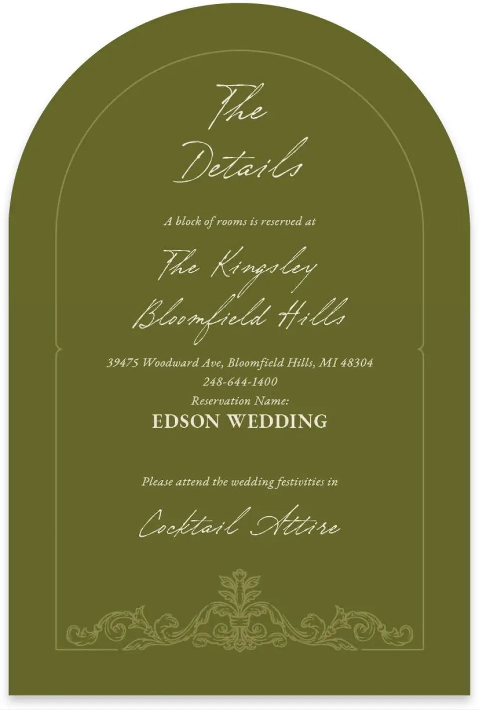 This is a 4" x 6" Wedding Invitation Enclosure Card called Victorian Aura printed in full color with Gold foil on Luxe Satin paper