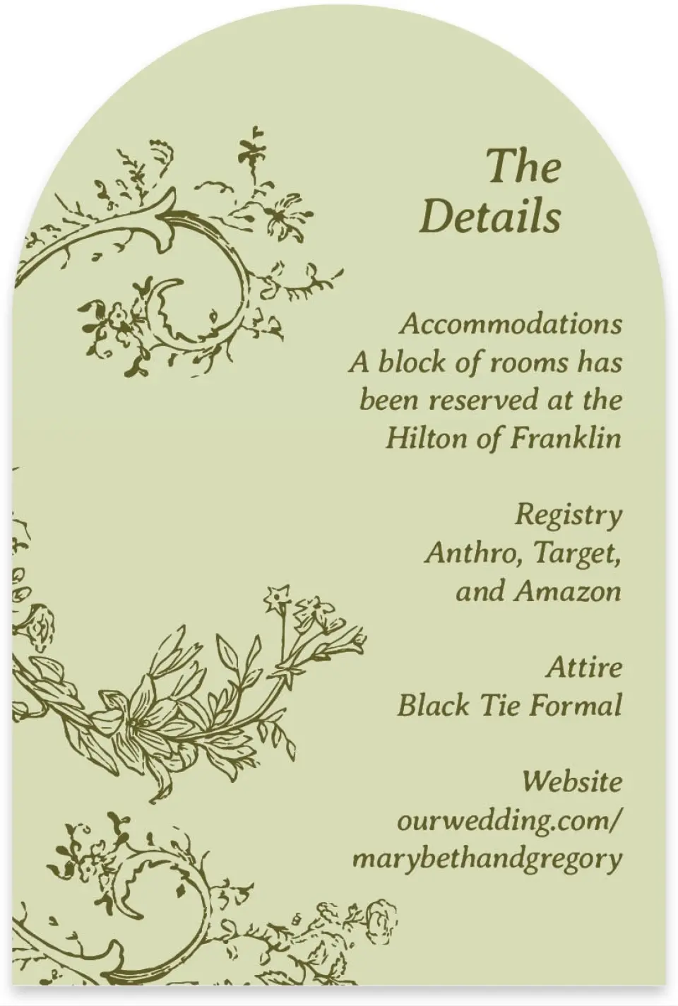 This is a 4" x 6" Wedding Invitation Enclosure Card called Vintage Chinoiserie printed in full color with Gold foil on Luxe Satin paper