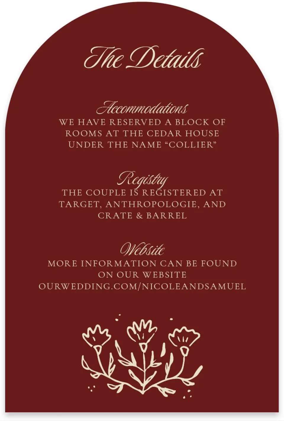 This is a 4" x 6" Wedding Invitation Enclosure Card called Bloom & Crest printed in full color with Gold foil on Luxe Satin paper