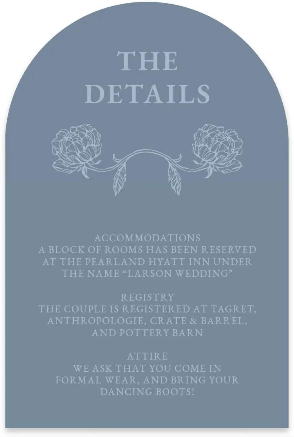 This is a 4" x 6" Wedding Invitation Enclosure Card called Pressed Petals printed in full color with Gold foil on Luxe Satin paper