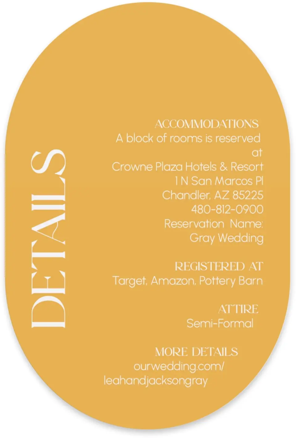 This is a 4" x 6" Wedding Invitation Enclosure Card called The Leah printed in full color with Silver foil on Luxe Satin paper