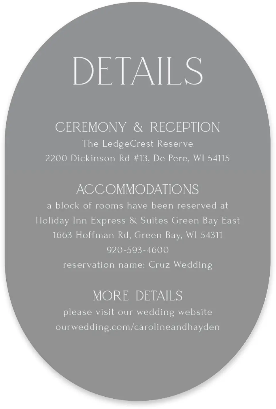 This is a 4" x 6" Wedding Invitation Enclosure Card called The Caroline printed in full color with Silver foil on Luxe Satin paper