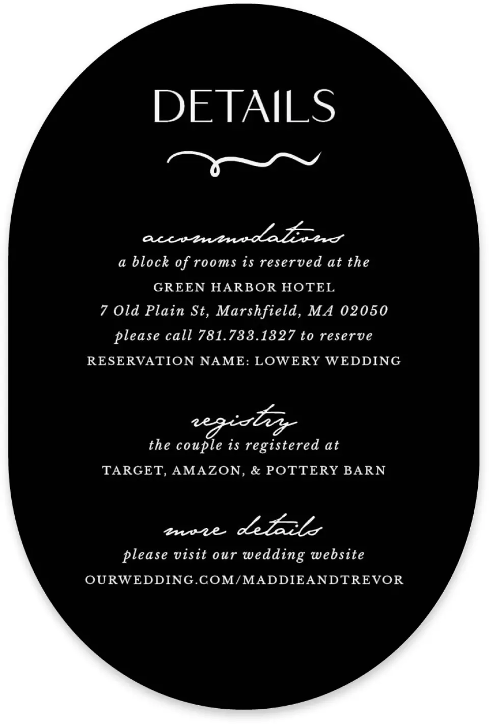 This is a 4" x 6" Wedding Invitation Enclosure Card called The Madison printed in full color with Silver foil on Luxe Satin paper