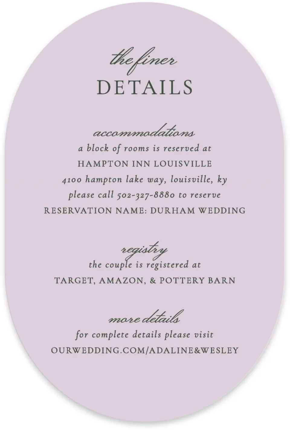 This is a 4" x 6" Wedding Invitation Enclosure Card called The Adaline printed in full color with Silver foil on Luxe Satin paper