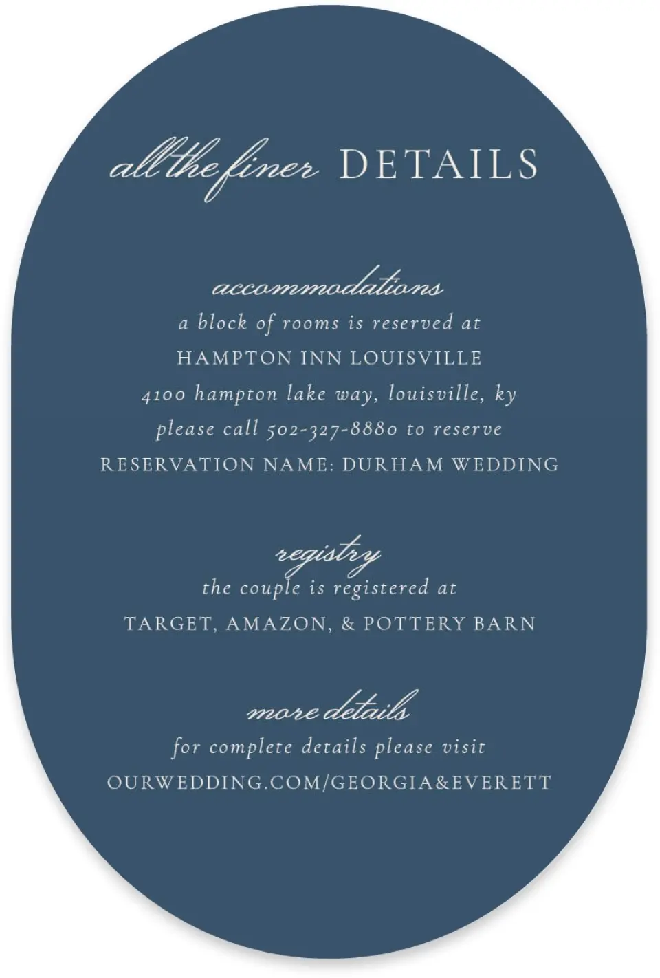 This is a 4" x 6" Wedding Invitation Enclosure Card called The Georgia printed in full color with Silver foil on Luxe Satin paper