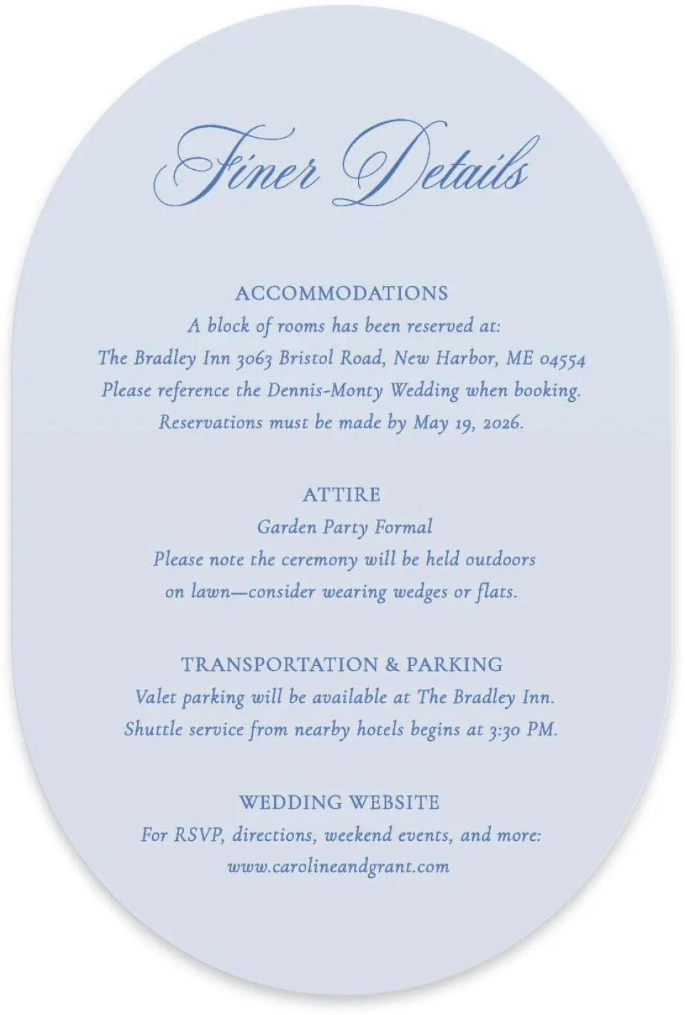 This is a 4" x 6" Wedding Invitation Enclosure Card called Bradley printed in full color with Silver foil on Luxe Satin paper