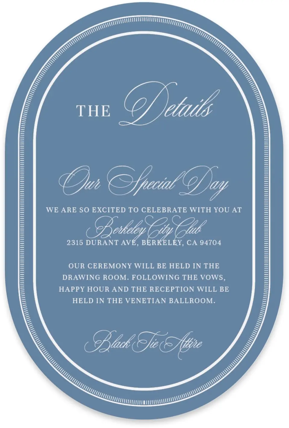 This is a 4" x 6" Wedding Invitation Enclosure Card called Berkeley printed in full color with Silver foil on Luxe Satin paper