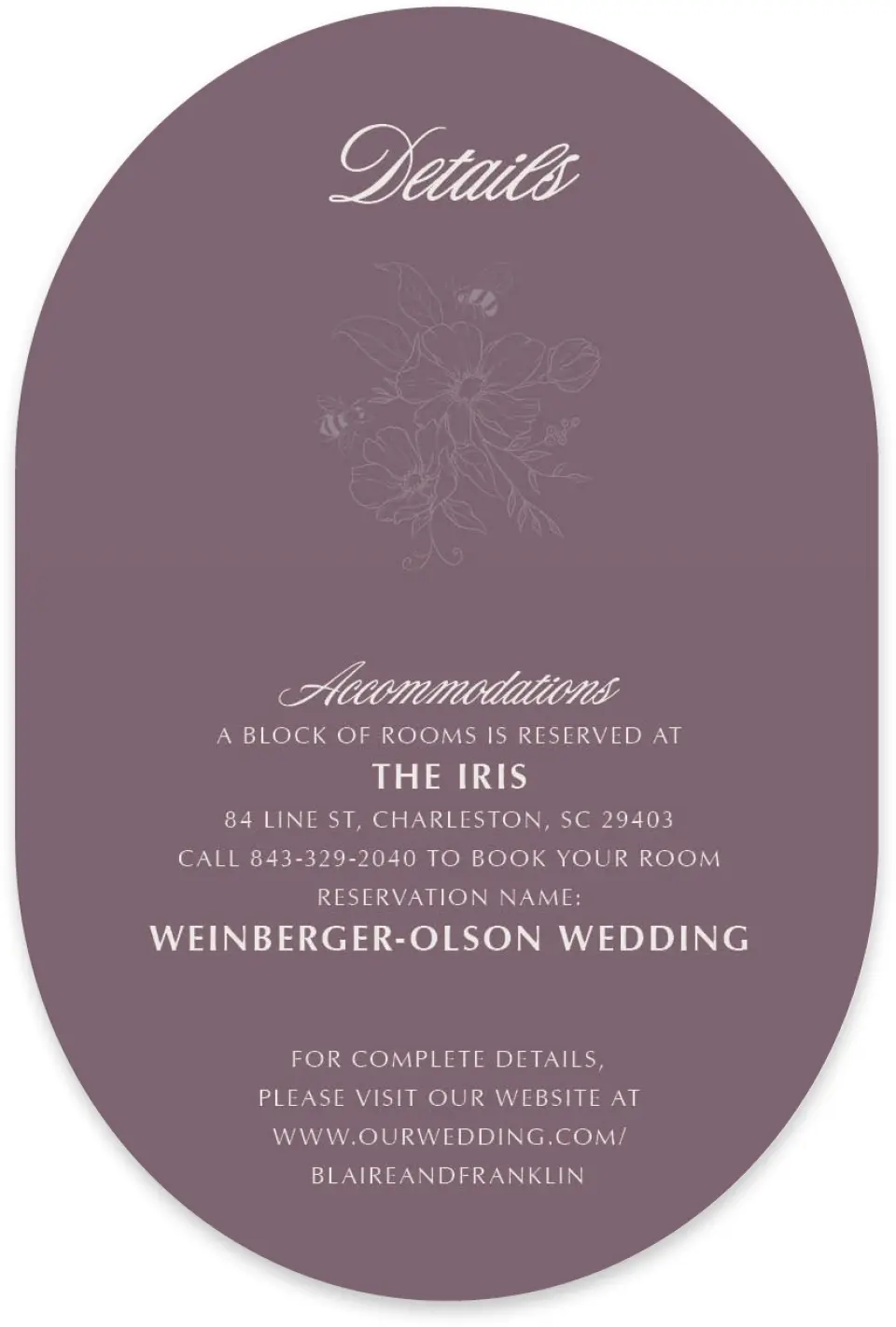 This is a 4" x 6" Wedding Invitation Enclosure Card called Charleston printed in full color with Silver foil on Luxe Satin paper