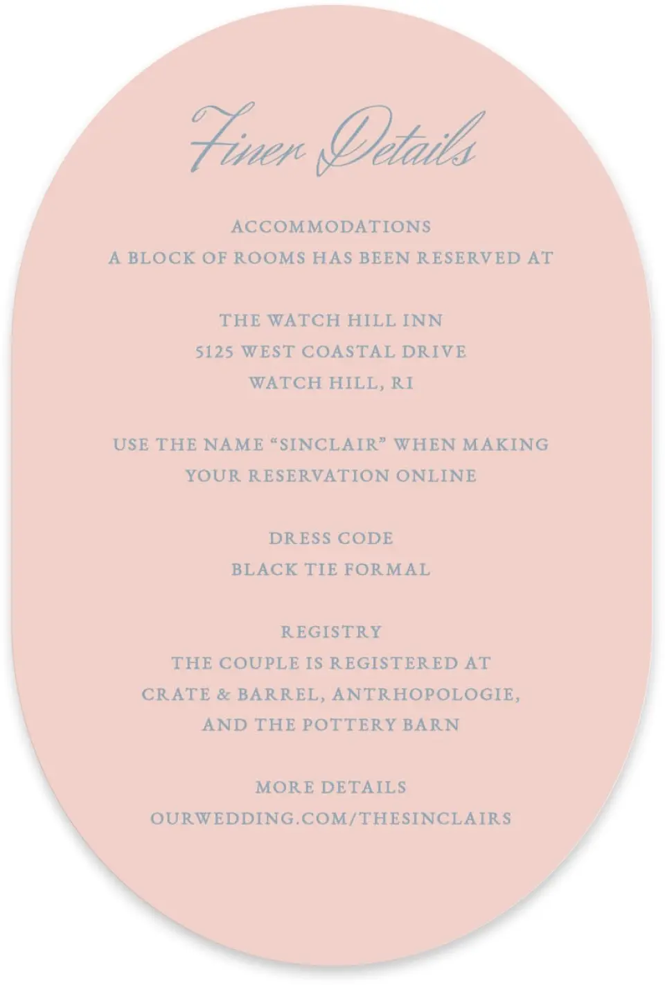 This is a 4" x 6" Wedding Invitation Enclosure Card called Watch Hill printed in full color with Silver foil on Luxe Satin paper