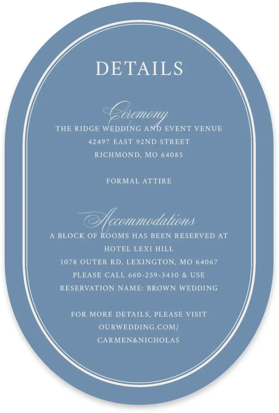 This is a 4" x 6" Wedding Invitation Enclosure Card called Vintage Reverie printed in full color with Silver foil on Luxe Satin paper