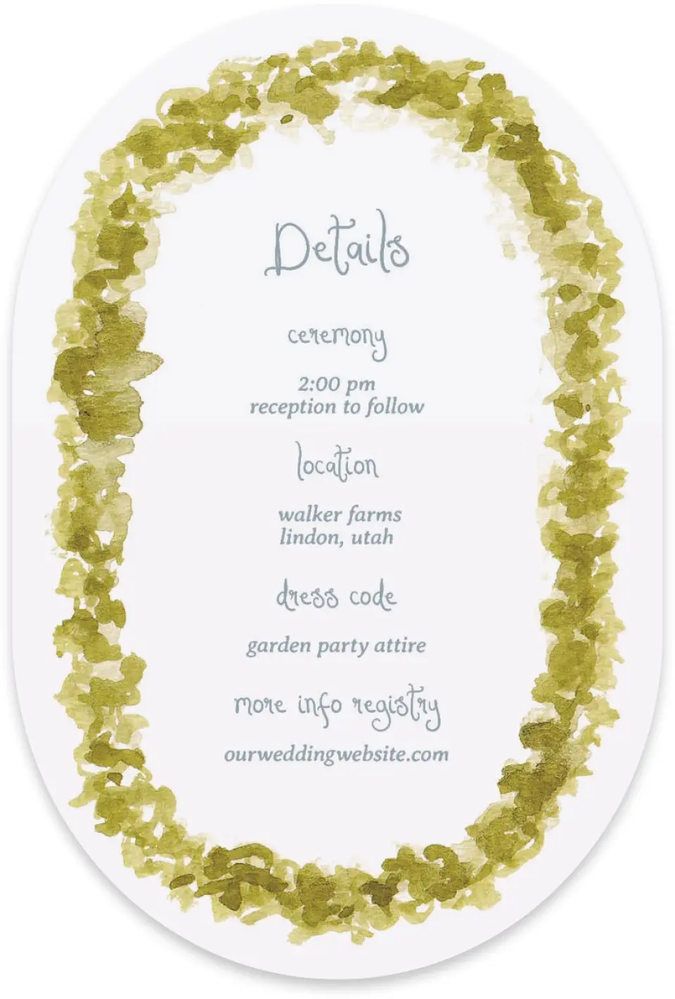 This is a 4" x 6" Wedding Invitation Enclosure Card called Soft Meadows printed in full color with Silver foil on Luxe Satin paper