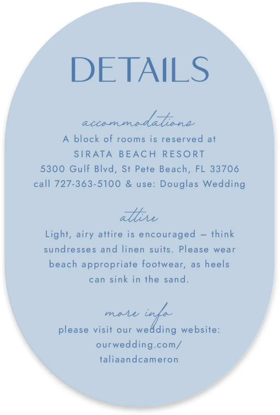 This is a 4" x 6" Wedding Invitation Enclosure Card called Seaside Serenade printed in full color with Silver foil on Luxe Satin paper