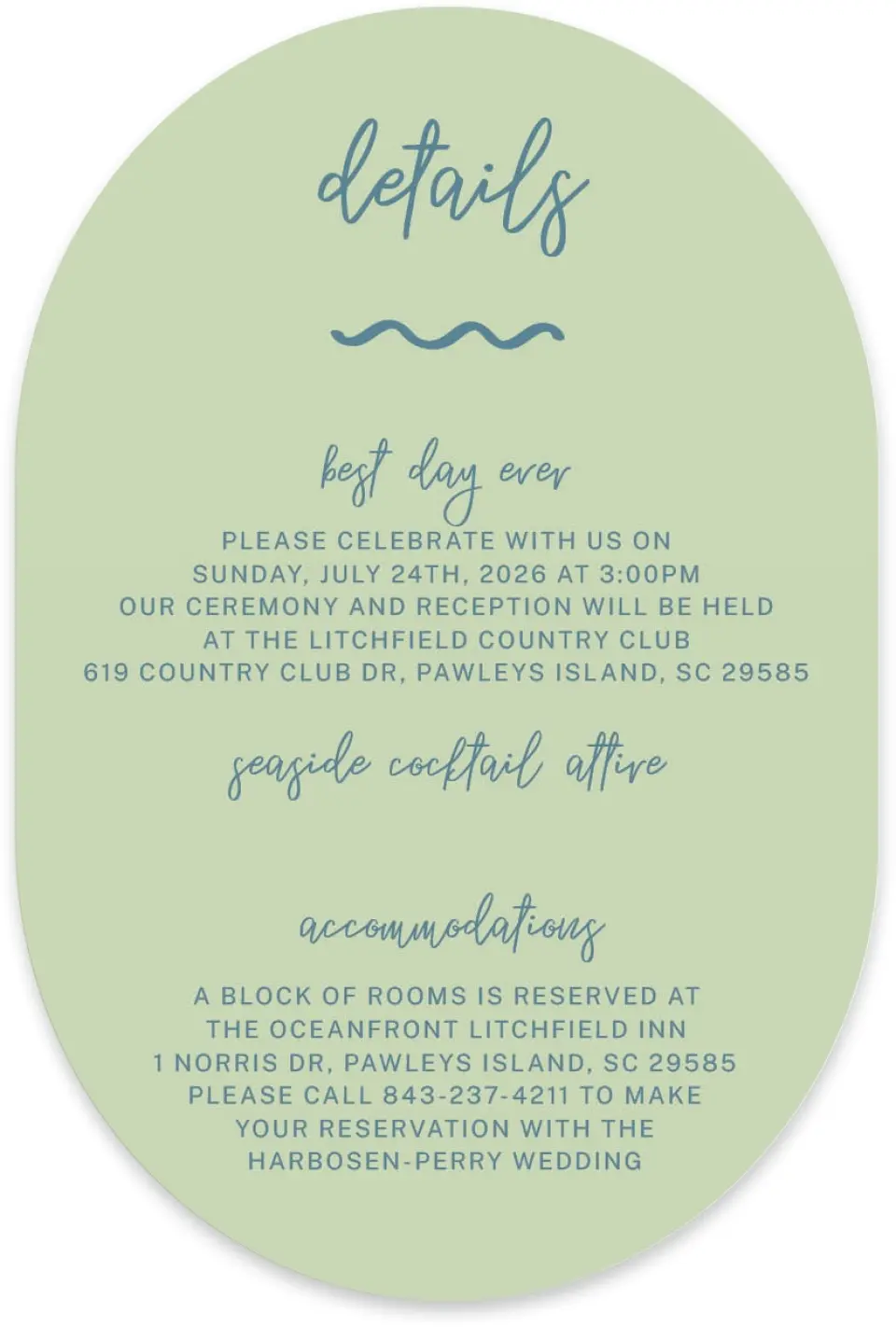 This is a 4" x 6" Wedding Invitation Enclosure Card called I Hear Wedding Shells printed in full color with Silver foil on Luxe Satin paper