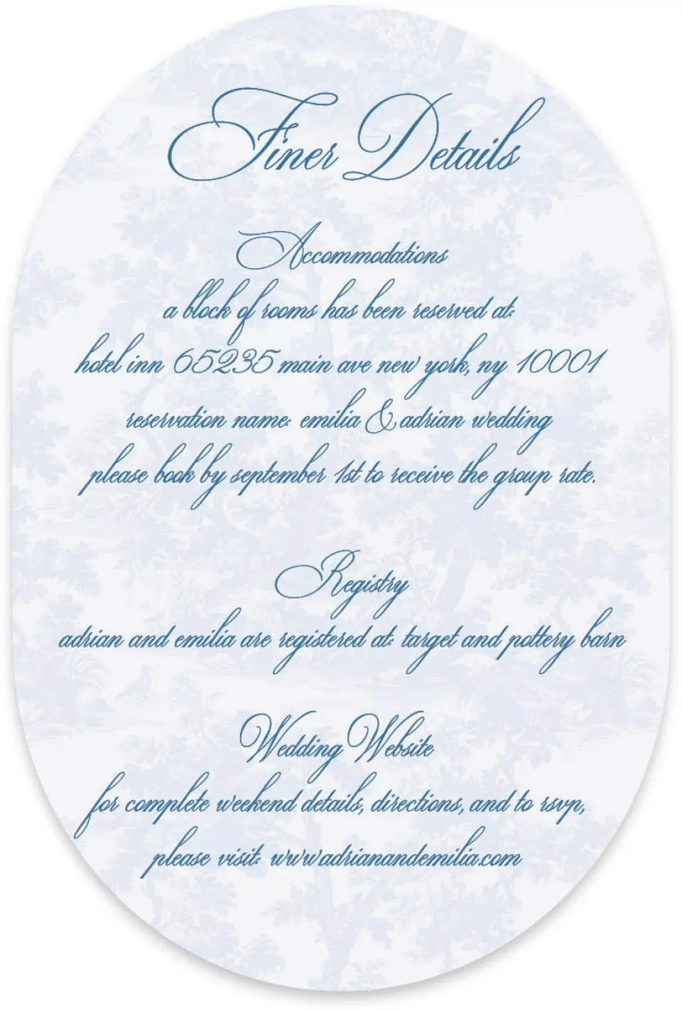 This is a 4" x 6" Wedding Invitation Enclosure Card called Blue Toile Romance printed in full color with Silver foil on Luxe Satin paper