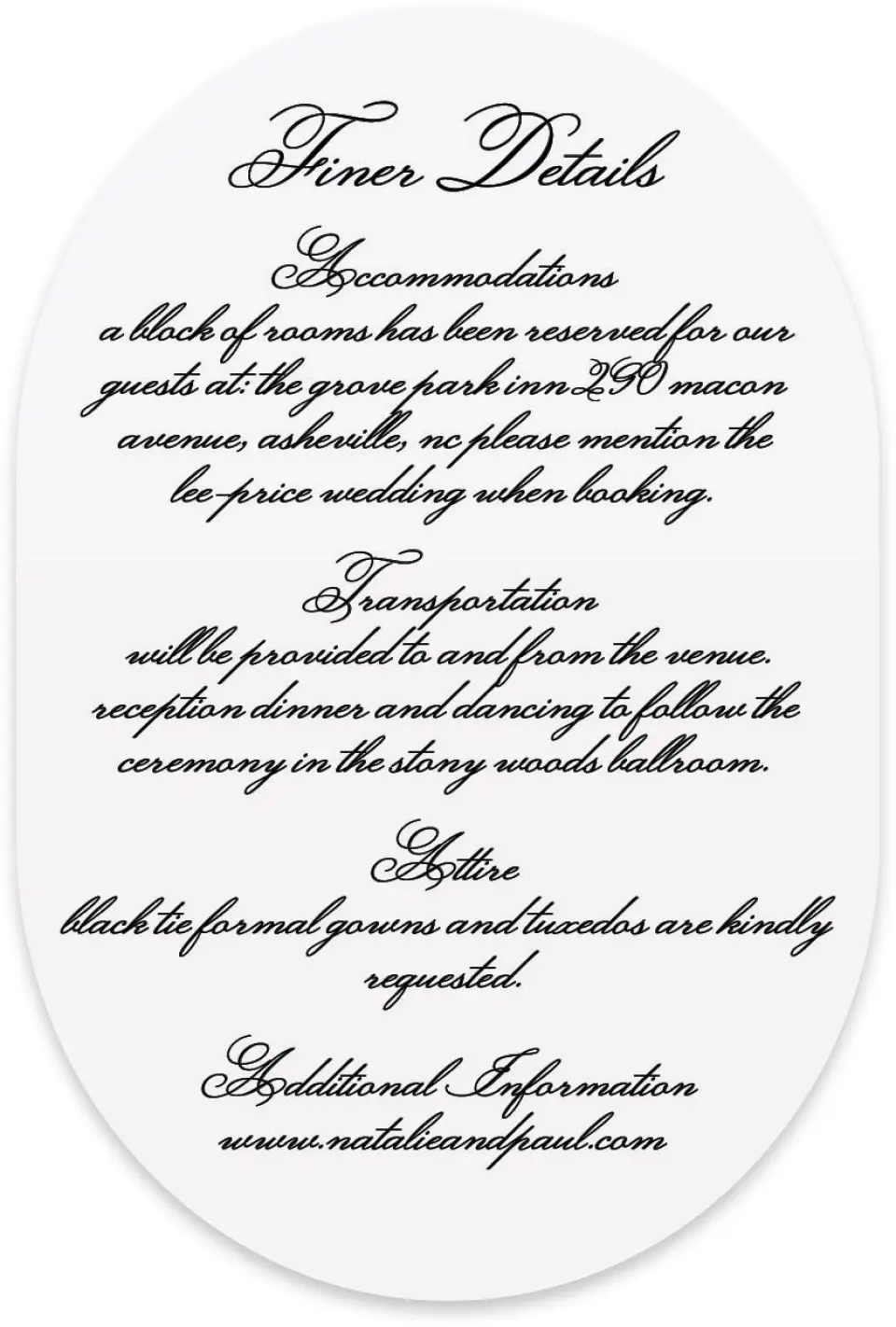 This is a 4" x 6" Wedding Invitation Enclosure Card called Formal Script printed in full color with Silver foil on Luxe Satin paper