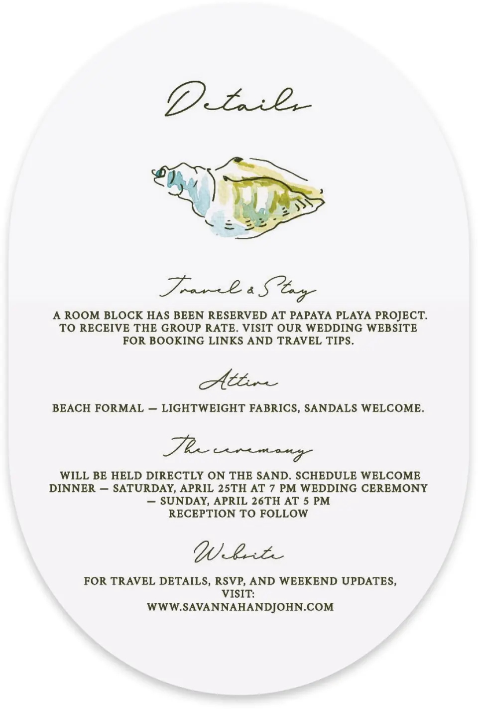 This is a 4" x 6" Wedding Invitation Enclosure Card called Whimsical Shells printed in full color with Silver foil on Luxe Satin paper