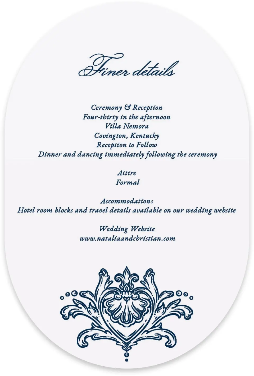 This is a 4" x 6" Wedding Invitation Enclosure Card called Heirloom Crest printed in full color with Silver foil on Luxe Satin paper