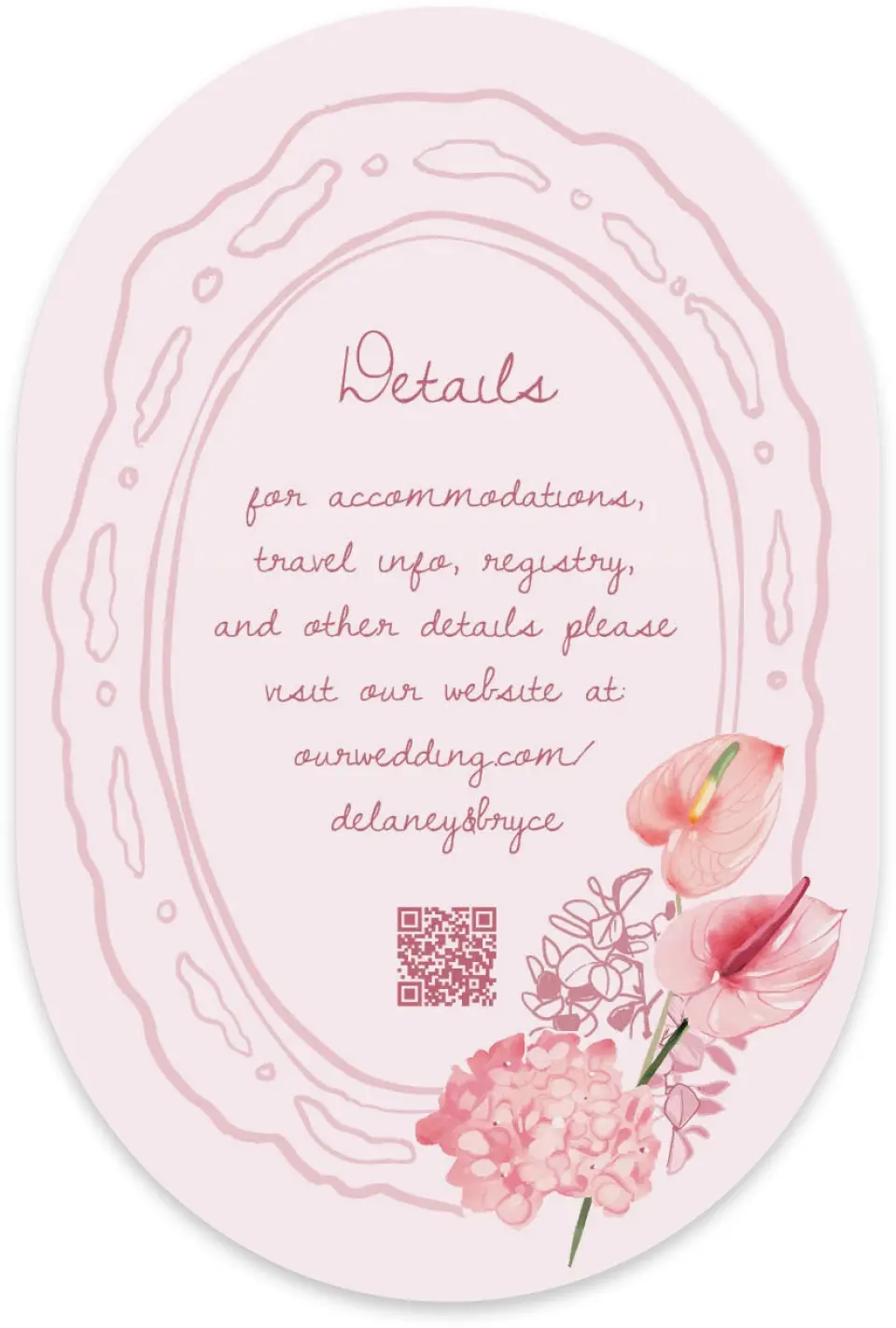 This is a 4" x 6" Wedding Invitation Enclosure Card called Blushing Whimsy printed in full color with Silver foil on Luxe Satin paper