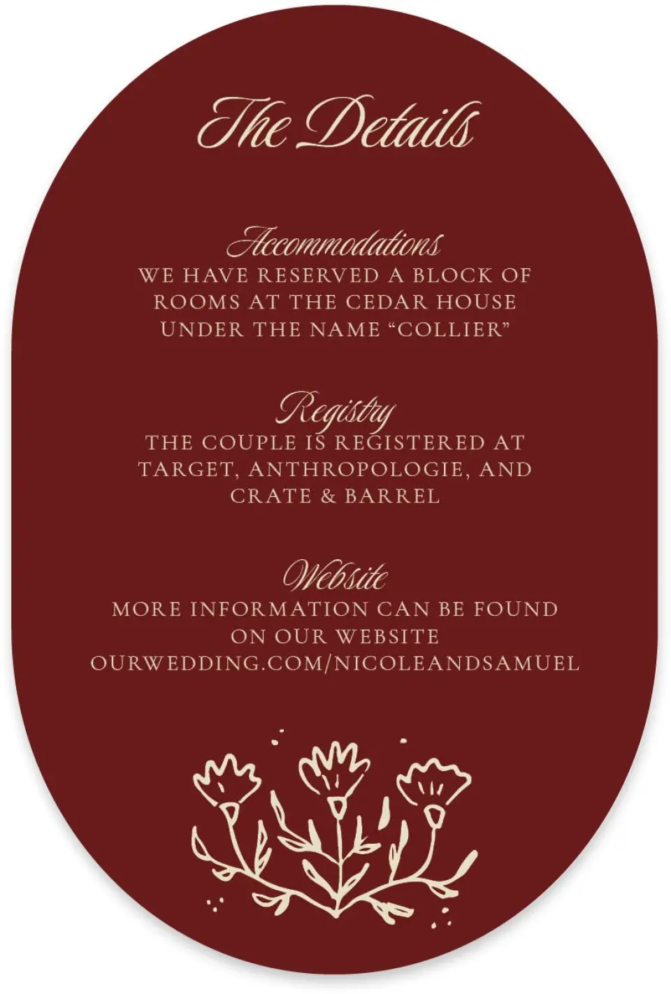 This is a 4" x 6" Wedding Invitation Enclosure Card called Bloom & Crest printed in full color with Silver foil on Luxe Satin paper
