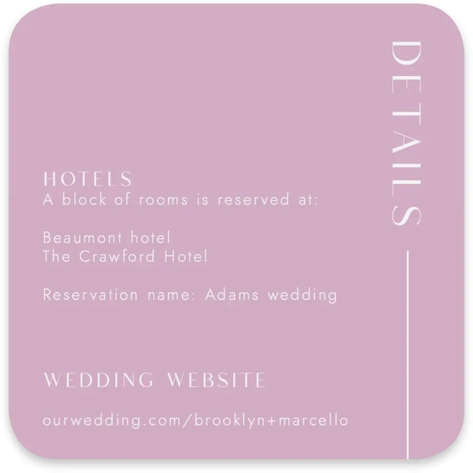 This is a 4" x 4" Wedding Invitation Enclosure Card called The Brooklyn printed in full color on Luxe Satin paper