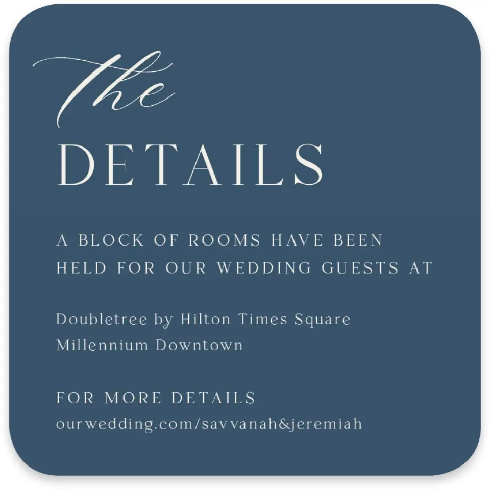 This is a 4" x 4" Wedding Invitation Enclosure Card called The Savannah printed in full color on Luxe Satin paper