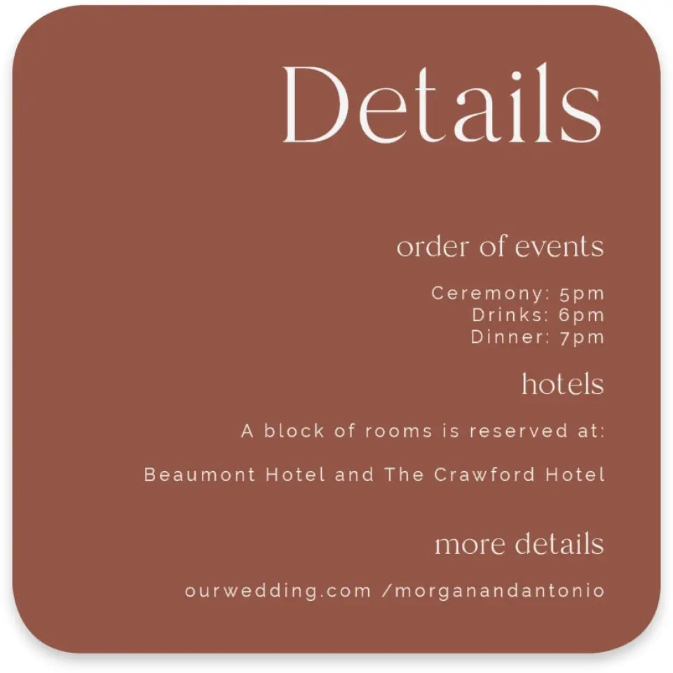 This is a 4" x 4" Wedding Invitation Enclosure Card called The Morgan printed in full color on Luxe Satin paper