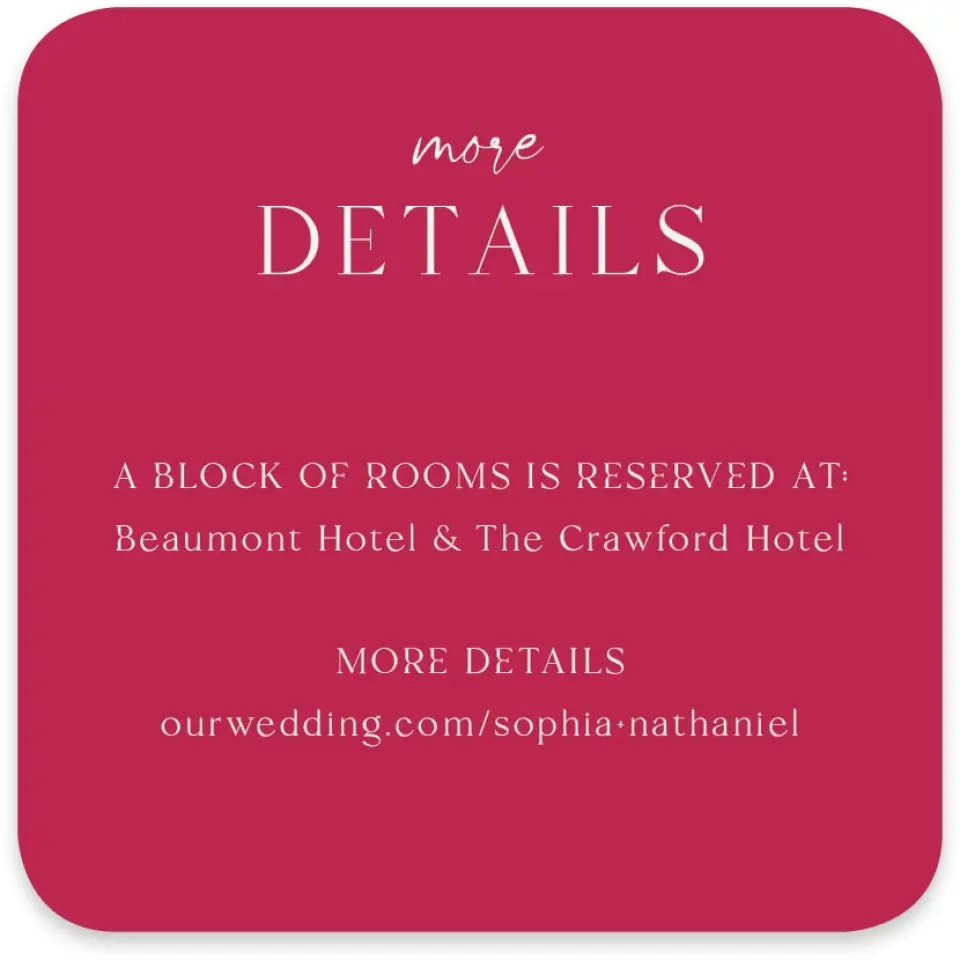 This is a 4" x 4" Wedding Invitation Enclosure Card called The Sophia printed in full color on Luxe Satin paper