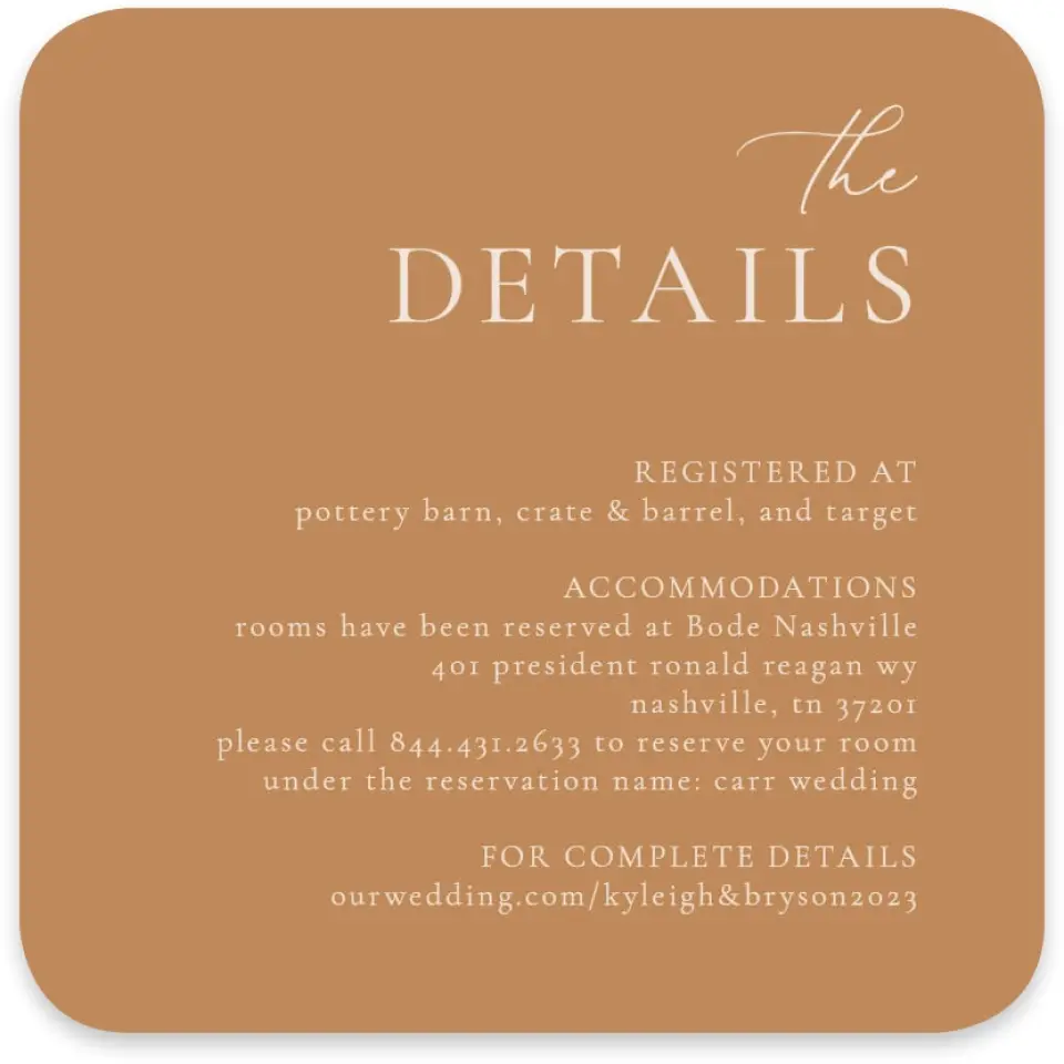 This is a 4" x 4" Wedding Invitation Enclosure Card called The Kyleigh printed in full color on Luxe Satin paper