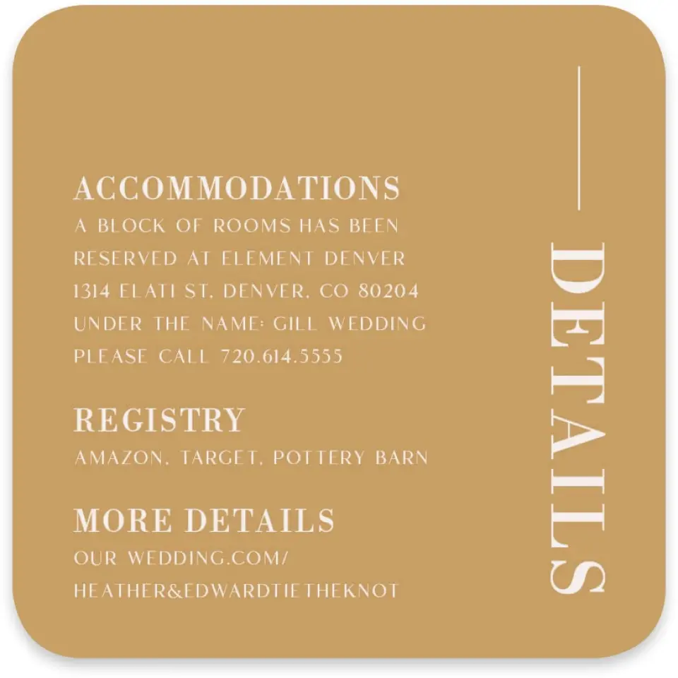 This is a 4" x 4" Wedding Invitation Enclosure Card called The Heather printed in full color on Luxe Satin paper