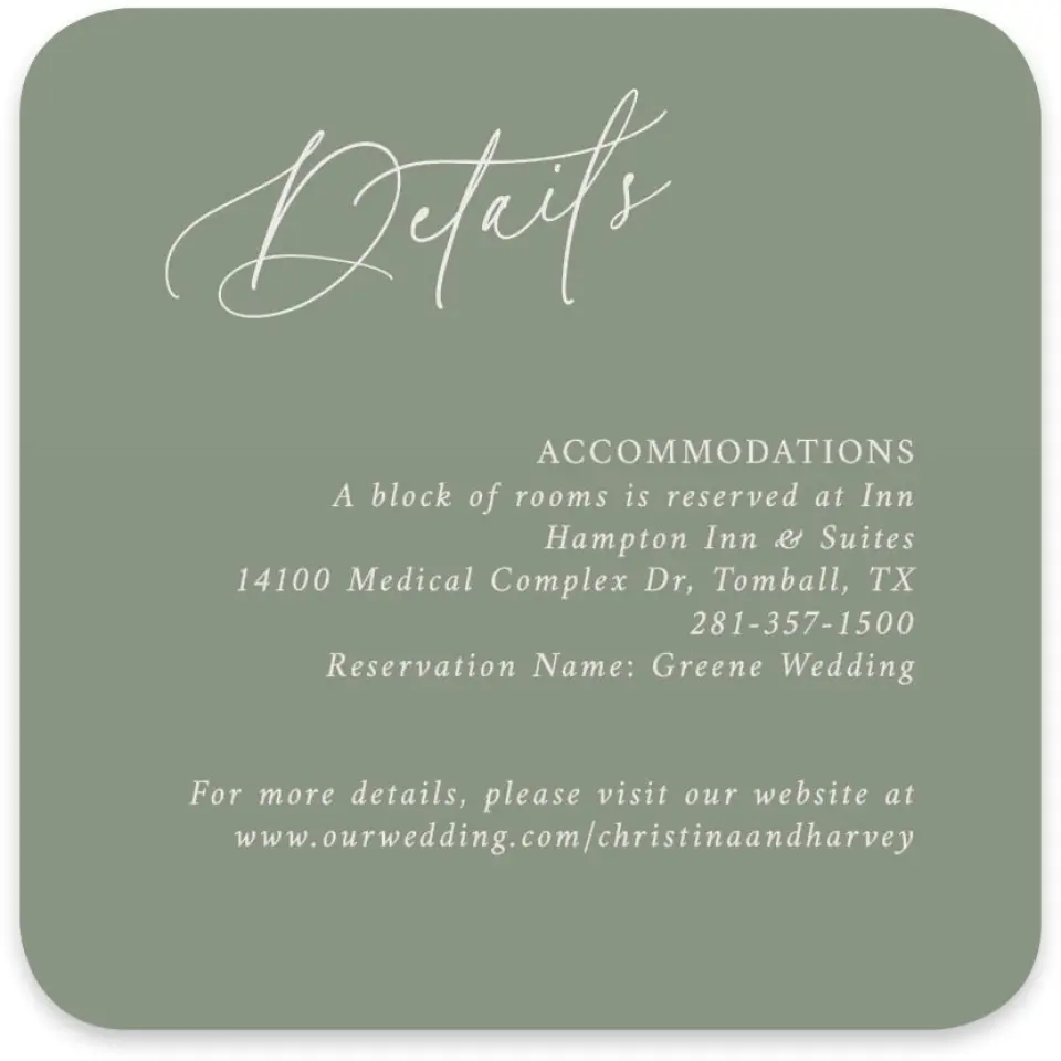 This is a 4" x 4" Wedding Invitation Enclosure Card called The Christina printed in full color on Luxe Satin paper