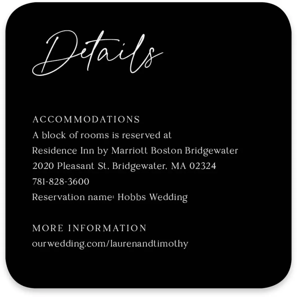 This is a 4" x 4" Wedding Invitation Enclosure Card called The Lauren printed in full color with Silver foil on Luxe Satin paper