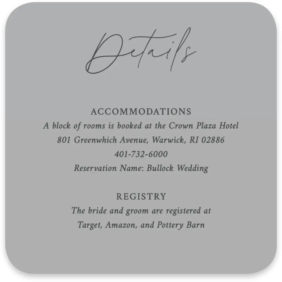 This is a 4" x 4" Wedding Invitation Enclosure Card called The Madelyn printed in full color on Luxe Satin paper