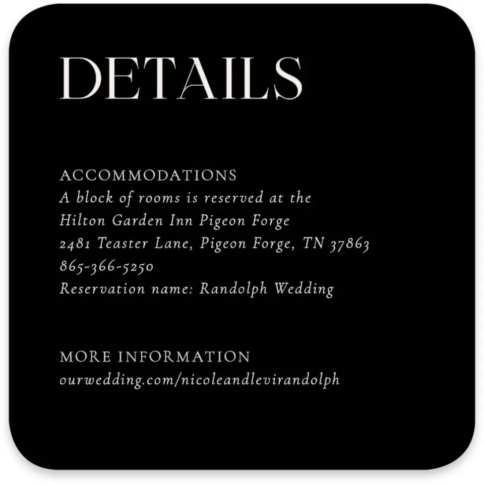 This is a 4" x 4" Wedding Invitation Enclosure Card called The Nicole printed in full color on Luxe Satin paper